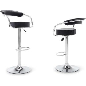 Set of 2 Comfortable Modern Bar Stools with Black Faux Leather Round Seat and Footrest.